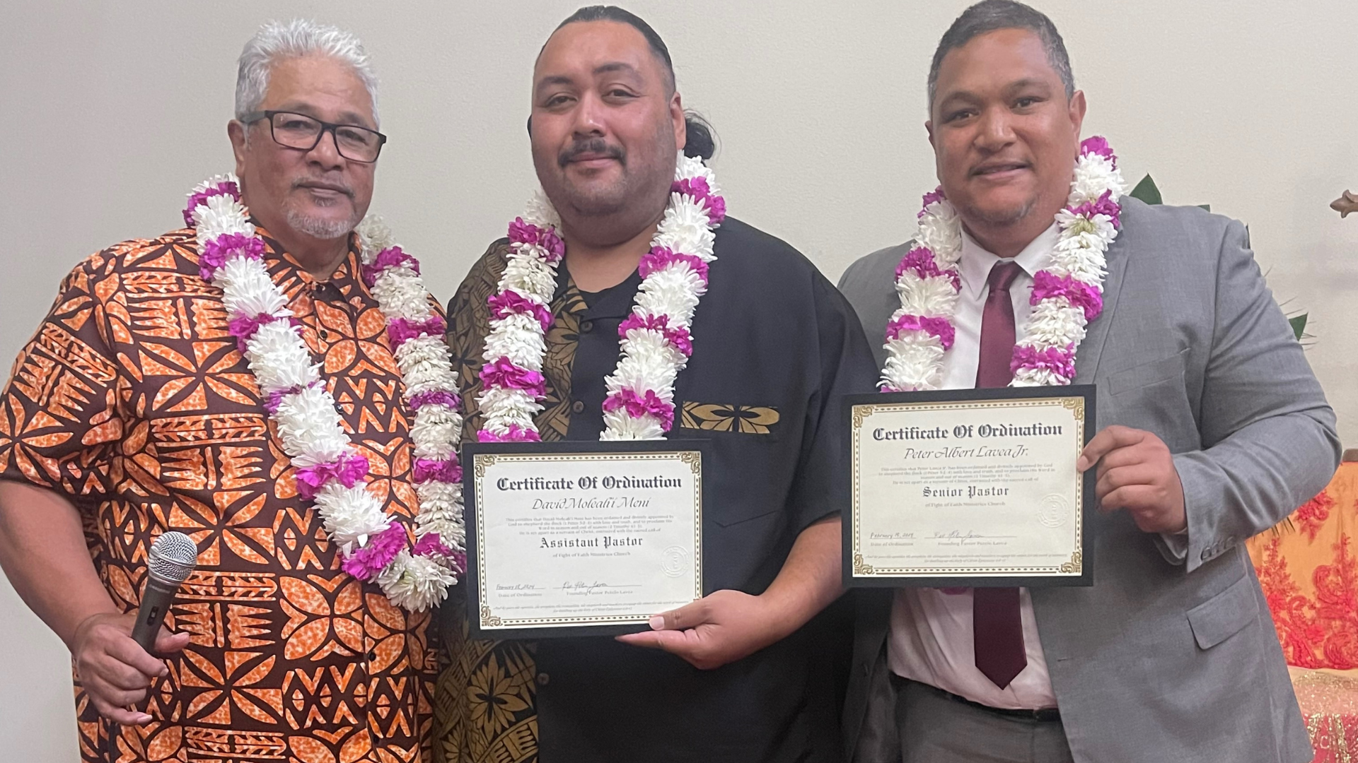 Founding Pastor Petelo Lavea with the newly ordained Sr. Pastor Peter Lavea and Assistant Pastor David Meni.